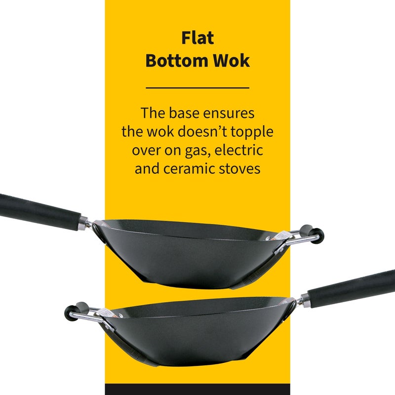 Ken Hom 12" Carbon Steel Nonstick Stir Fry Wok - Soft Touch Helper Handle and Lightweight Flat Bottom Design - Image 3
